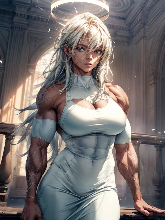 Woman , Huge muscles , muscular , massive muscles , white hair , angry face , blue eyes , Tank top , scars , barbaric , giant woman , enormous ,