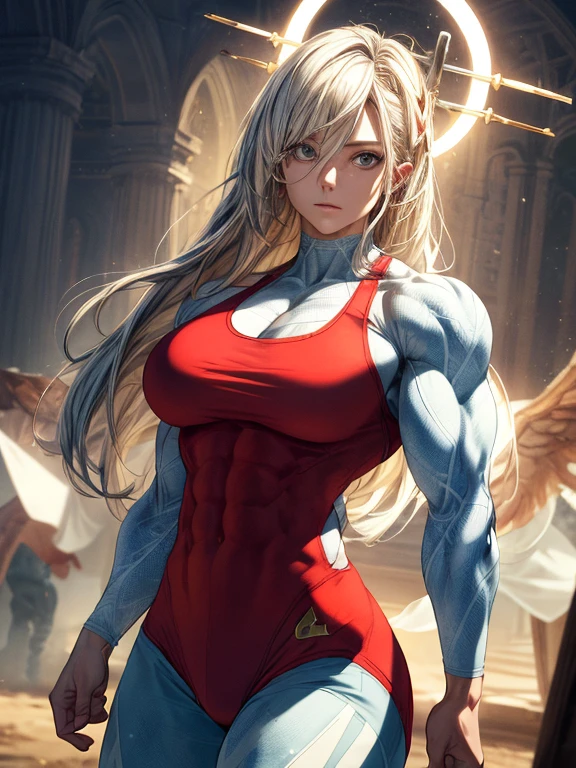 A beautiful woman,(Optimal lighting) , (Ultra-complex details) , 4k unity, (Ultra-detailed CG: 1.2) , (8K: 1.2),(The original), (masterpiece) , (best quality),(masterpiece:1.4),High quality in anime style,(masterpiece),masterpiece, best quality, absurd,((Lord peace, 4K, 8K, high resolution)),(masterpiece), (best quality), (Extremely detailed), (Extremely delicate and beautiful), ((Cowboy shooting)), 1 female,
, ((Bodybuilder:1.5)),best quality,Extremely detailed,Realistic Portraits,Glowing Halo,Beautiful and delicate eyes,Beautiful and delicate lips,Flowing long hair,Calm expression,Red face,flowing white dress,Ethereal atmosphere,Soft lighting,Holy Light, wing, holy grail