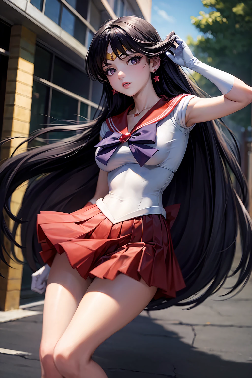 masterpiece, Highest quality, High resolution, Same 1, tiara, Sailor Senshi Uniform, White gloves, Red Sailor Collar, Red Skirt, Star Necklace, Elbow hand pockets, Pleated skirt, Just Play, Purple ribbon, Denim photoshoot, Outdoor, Background blur (85mm lens), front facing camera, Gentle expression, wind blowing hair, fluffy hair, hair ((black)), inflammation