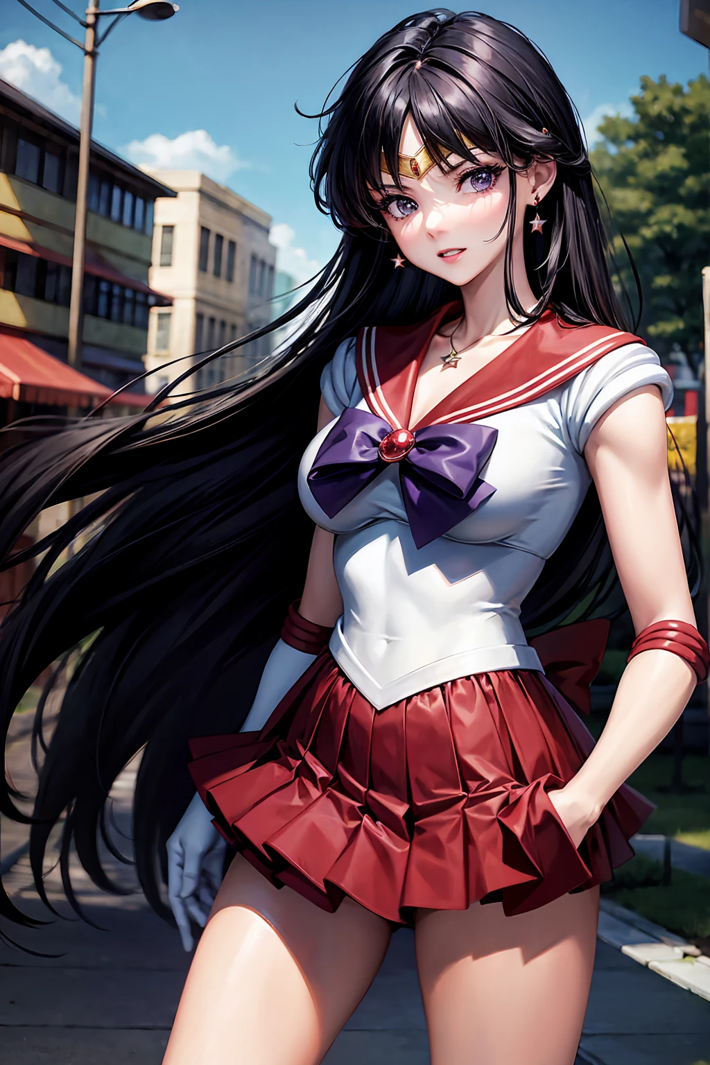 masterpiece, Highest quality, High resolution, Same 1, tiara, Sailor Senshi Uniform, White gloves, Red Sailor Collar, Red Skirt, Star Necklace, Elbow hand pockets, Pleated skirt, Just Play, Purple ribbon, Denim photoshoot, Outdoor, Background blur (85mm lens), front facing camera, Gentle expression, wind blowing hair, fluffy hair, hair ((black)), inflammation
