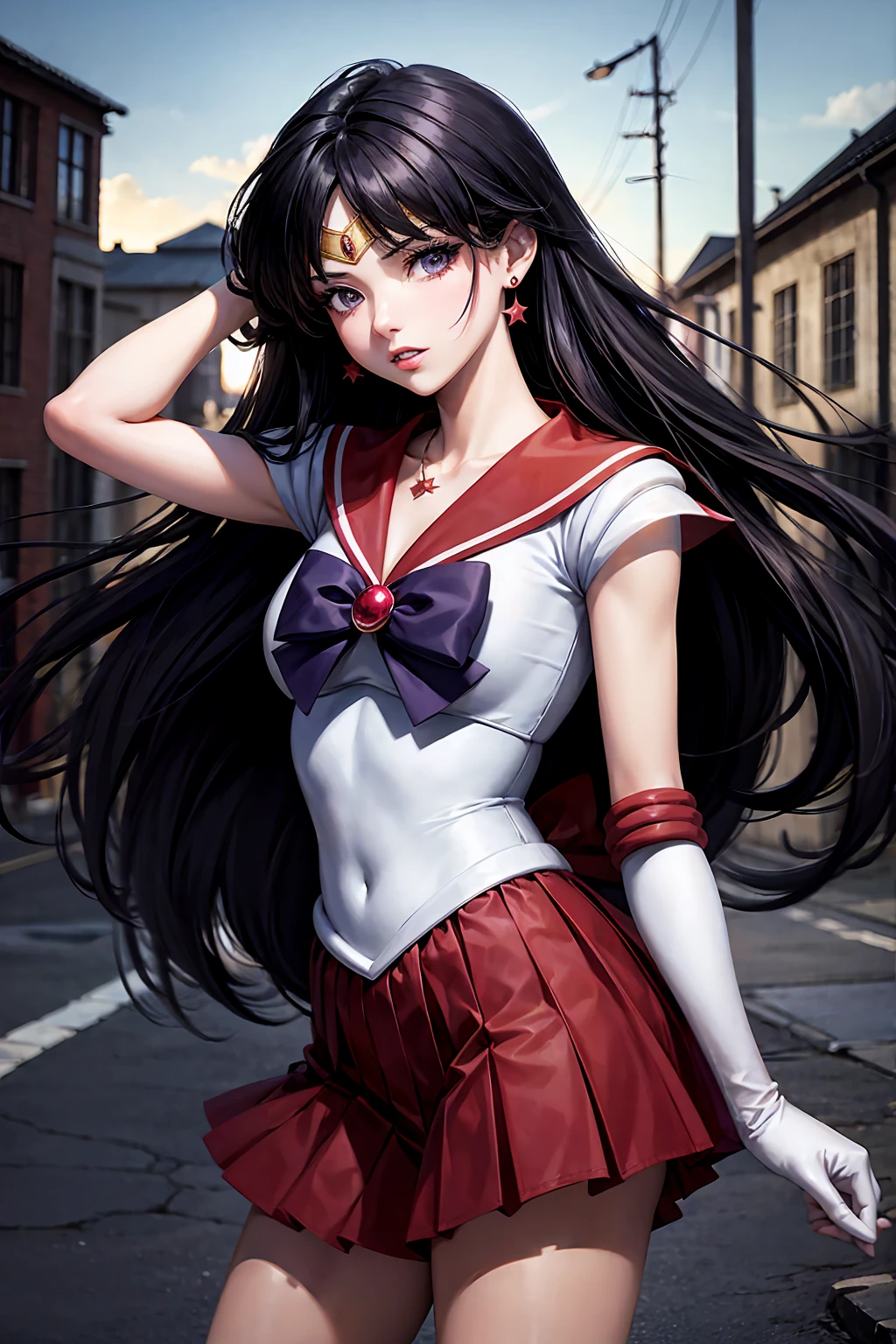 masterpiece, Highest quality, High resolution, Same 1, tiara, Sailor Senshi Uniform, White gloves, Red Sailor Collar, Red Skirt, Star Necklace, Elbow hand pockets, Pleated skirt, Just Play, Purple ribbon, Denim photoshoot, Outdoor, Background blur (85mm lens), front facing camera, Gentle expression, wind blowing hair, fluffy hair, hair ((black)), inflammation