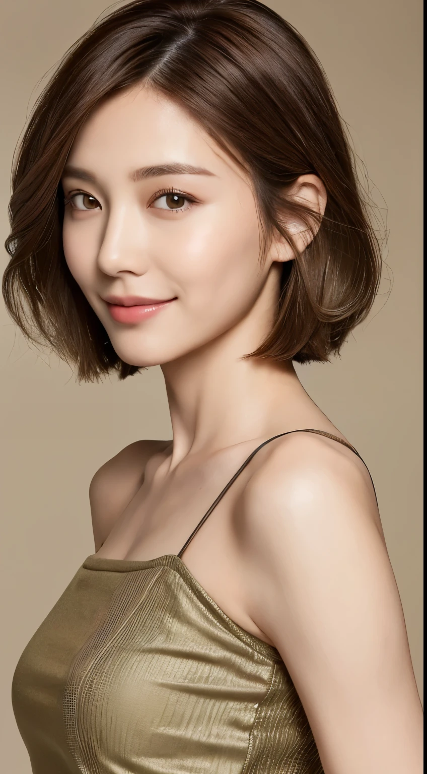 ((Best Quality, 8K, Masterpiece: 1.3)), 1 Girl, Slim Abs Beauty: 1.3, (Hairstyle Brown Hair Shortcut, Big: 1.2), Dress: 1.1, Super Slender Face, Delicate Eyes, Double Eyelids, Smile, Home, Raw Photo