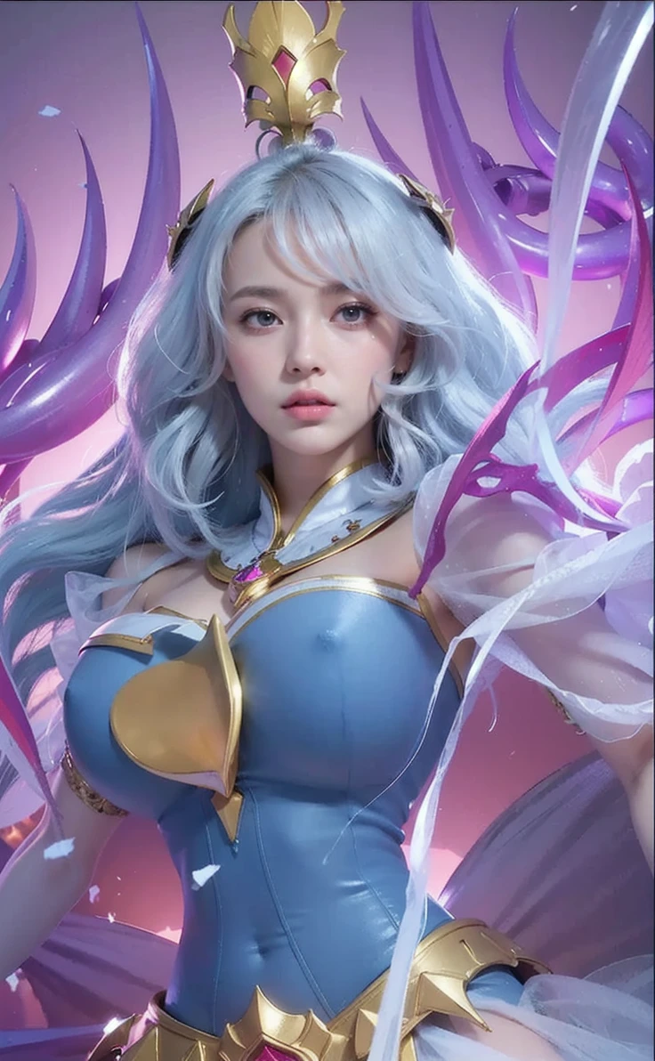 high quality,masterpiece,extremely detailed,high res,4k,ultra high res,detailed shadow,ultra realistic,realistic,dramatic lighting,1girl,solo,detailed face,realistic eyes,realistic skin,pink hair,dynamic pose, dynamic angle, white flowery dress, short hair cut,white background