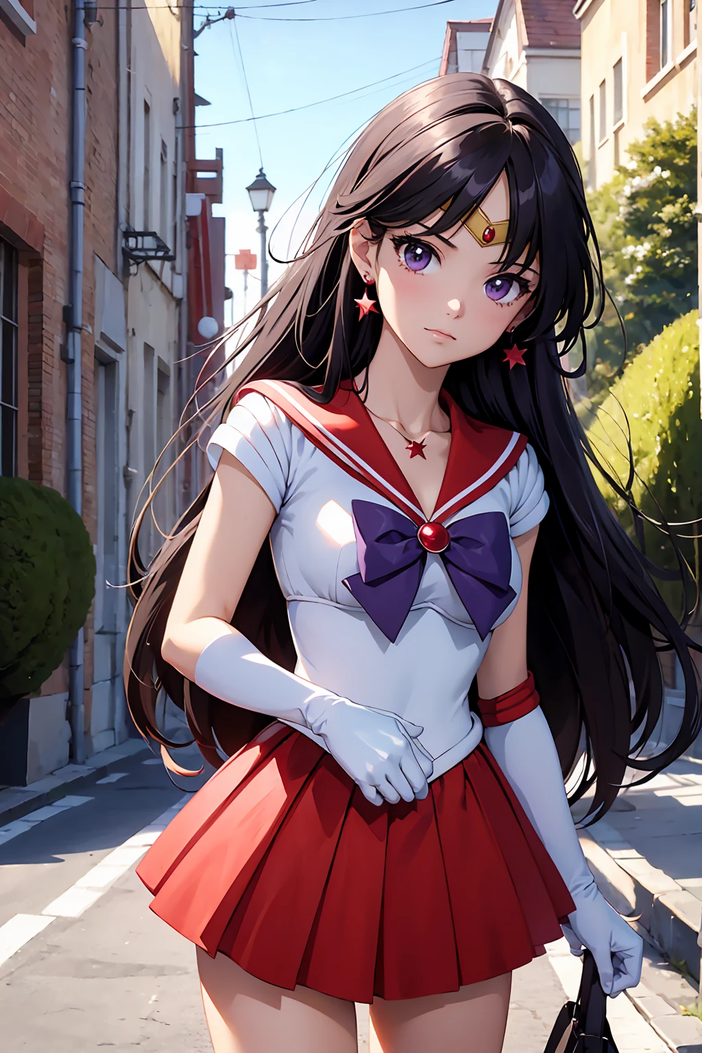 NSFW , (Highest quality:1.5, High resolution, 4K, Detailed lighting, Shaders),, tiara, Sailor Senshi Uniform, White gloves, Red Sailor Collar, Red Skirt, Star Necklace, Elbow hand pockets, Pleated skirt, Just Play, Purple ribbon, Denim photoshoot, Outdoor, Background blur (85mm lens), front facing camera, Gentle expression, wind blowing hair, fluffy hair, hair ((black)), inflammation Bedroom