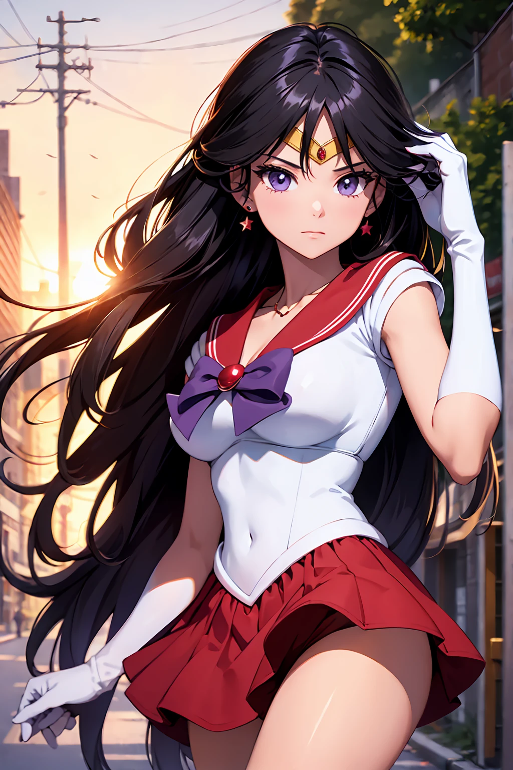 masterpiece, Highest quality, High resolution, Same 1, tiara, Sailor Senshi Uniform, White gloves, Red Sailor Collar, Red Skirt, Star Necklace, Elbow hand pockets, Pleated skirt, Just Play, Purple ribbon, Denim photoshoot, Outdoor, Background blur (85mm lens), front facing camera, Gentle expression, wind blowing hair, fluffy hair, hair ((black)), inflammation