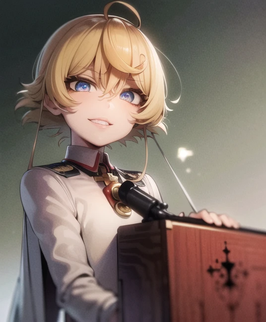 masterpiece, perfect hands, best quality, highly detailed, absurdres, (tanya, short hair, military:1), (yameroyandere, yandere, empty eyes, shaded face, crazy eyes, glowing eyes, crazy smile, dark:1), large pupils, (ebiblue:1), (bloodyface, blood on the face:1.3), (g2h, gun to head, holding gun:1.2)