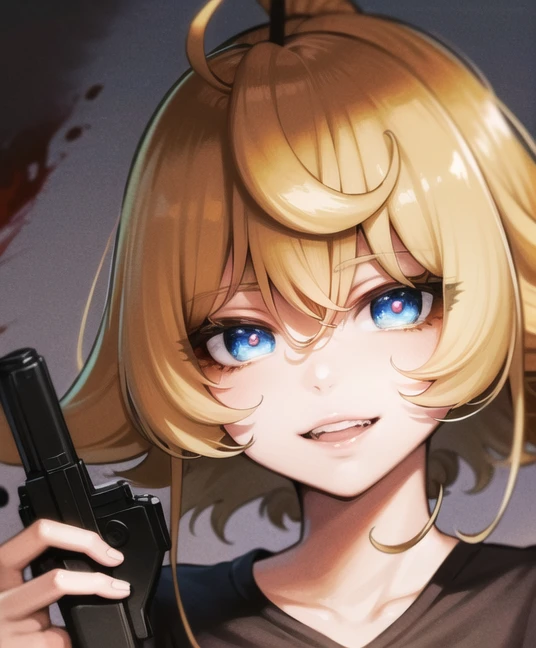 masterpiece, perfect hands, best quality, highly detailed, absurdres, (tanya, short hair, military:1), (yameroyandere, yandere, empty eyes, shaded face, crazy eyes, glowing eyes, crazy smile, dark:1), large pupils, (ebiblue:1), (bloodyface, blood on the face:1.3), (g2h, gun to head, holding gun:1.2)