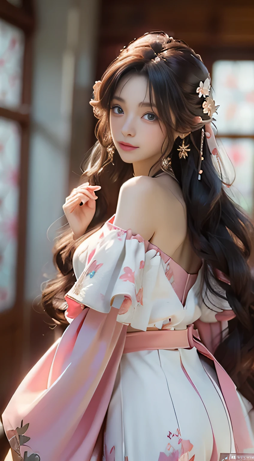 ((best quailty)), ((masterpiece)), (detail:1.4), Beautiful cyberpunk female images,hdr(HighDynamicRange),Beautiful bright blue pupils,off-the-shoulder clothes,Fine pupils,Delicate face and eyes,long eyelashes,Blushlush,Delicate and fluffy hair,pink lip,Pure,Cute face,Sweet girl,Artistic sense,Casual wear,Advanced sense,butterflys,Cherry blossom petal,Beautiful hair accessories,Long hair and waist,Hair fluttering in the wind,Snow-white fox ears,curlies,Snow-white fluffy tail,Positive light,The light from the back window is backlighted