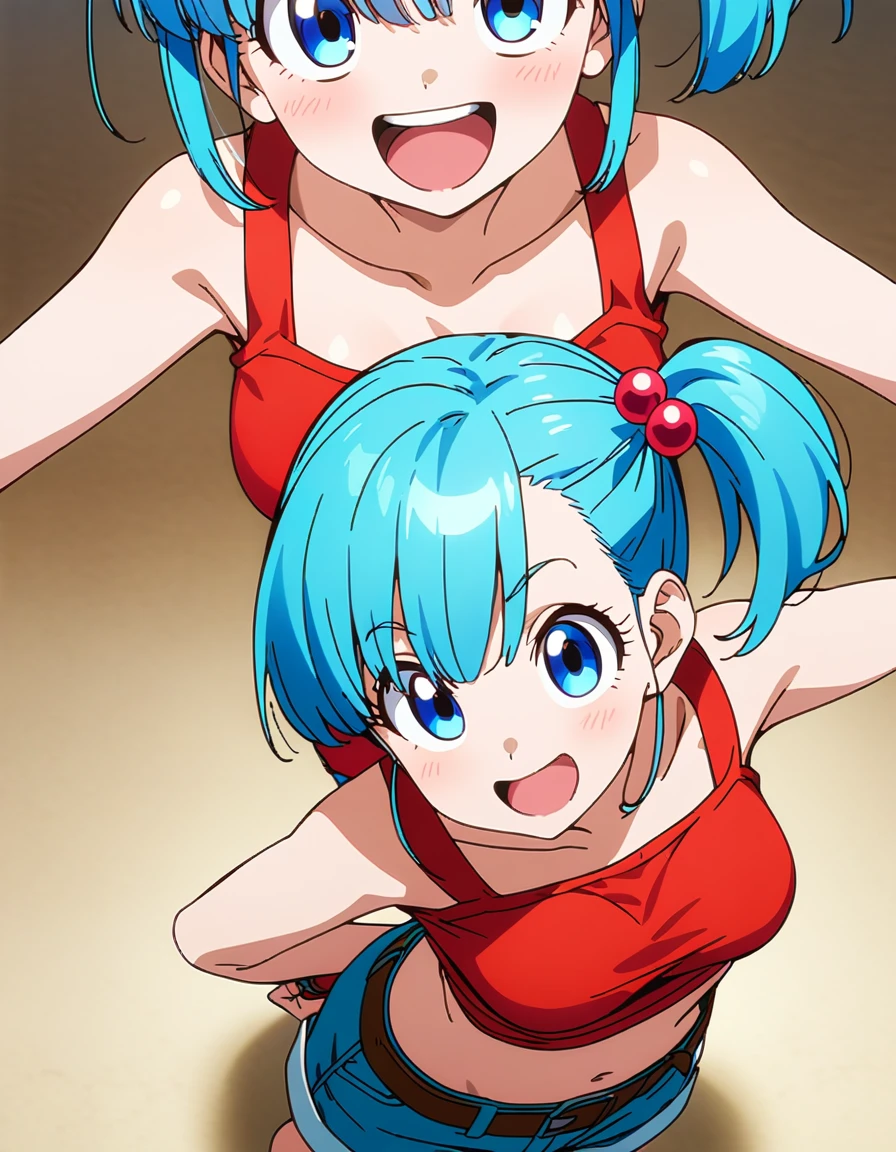 score_9, score_8_up, score_7_up, BREAK from above:1,straight-on,(standing),arms behing back,1girl,bulma, blue eyes, blue hair,bare shoulders, belt, cleavage, hair bobbles, hair ornament, hair over shoulder,medium breast,midriff, navel, one side up, red tube top, shorts,ass, side ponytail, (strapless, tube top,under_boob:1),ass,,looking at viewer,facial expression,smile,masterpiece, best quality,  detailed body, highly detailed, anime coloring.anime,[anime_screencap:0.8] , highly detailed,