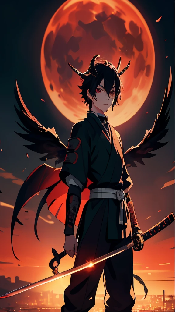 a highly detailed anime boy with samurai armor, katana sword, horns, and   wings, standing in front of a red moon over the Tokyo skyline, using powerful rasengan energy, inspired by characters like Yone, Yoriichi, and Kokushibo from Demon Slayer, extremely detailed, photorealistic, cinematic lighting, 8K, HDR