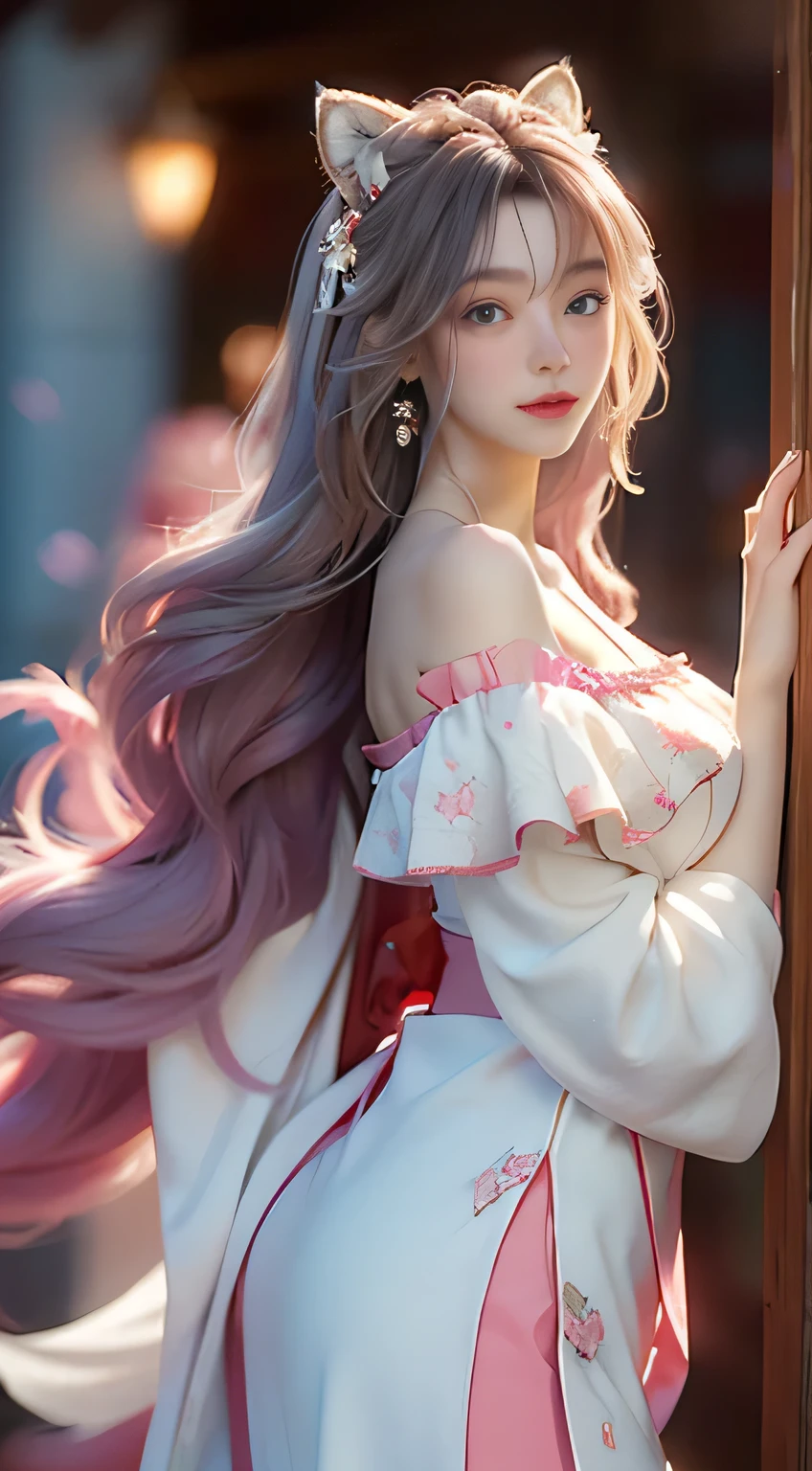 ((best quailty)), ((masterpiece)), (detail:1.4), Beautiful cyberpunk female images,hdr(HighDynamicRange),Beautiful bright blue pupils,off-the-shoulder clothes,Fine pupils,Delicate face and eyes,long eyelashes,Blushlush,Delicate and fluffy hair,pink lip,Pure,Cute face,Sweet girl,Artistic sense,Casual wear,Advanced sense,butterflys,Cherry blossom petal,Beautiful hair accessories,Long hair and waist,Hair fluttering in the wind,Snow-white fox ears,curlies,Snow-white fluffy tail,Positive light,The light from the back window is backlighted