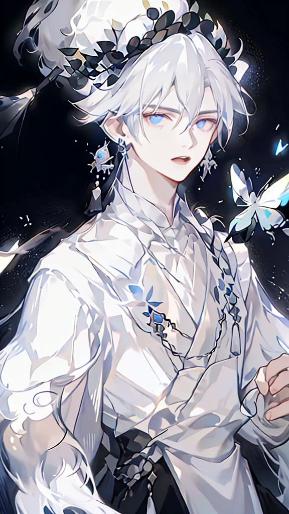 masterpiece, Male focus, 1 boy, solitary, White hair, tassel earrings, tassel, Jewelry, earrings, open mouth, black background, blue eyes, Long hair, Vulnerabilities, Butterfly, Upper Body, Hair between the eyes, Colorful hair,Pearlescent Rose,Personal,The eyes are depicted in great detail
