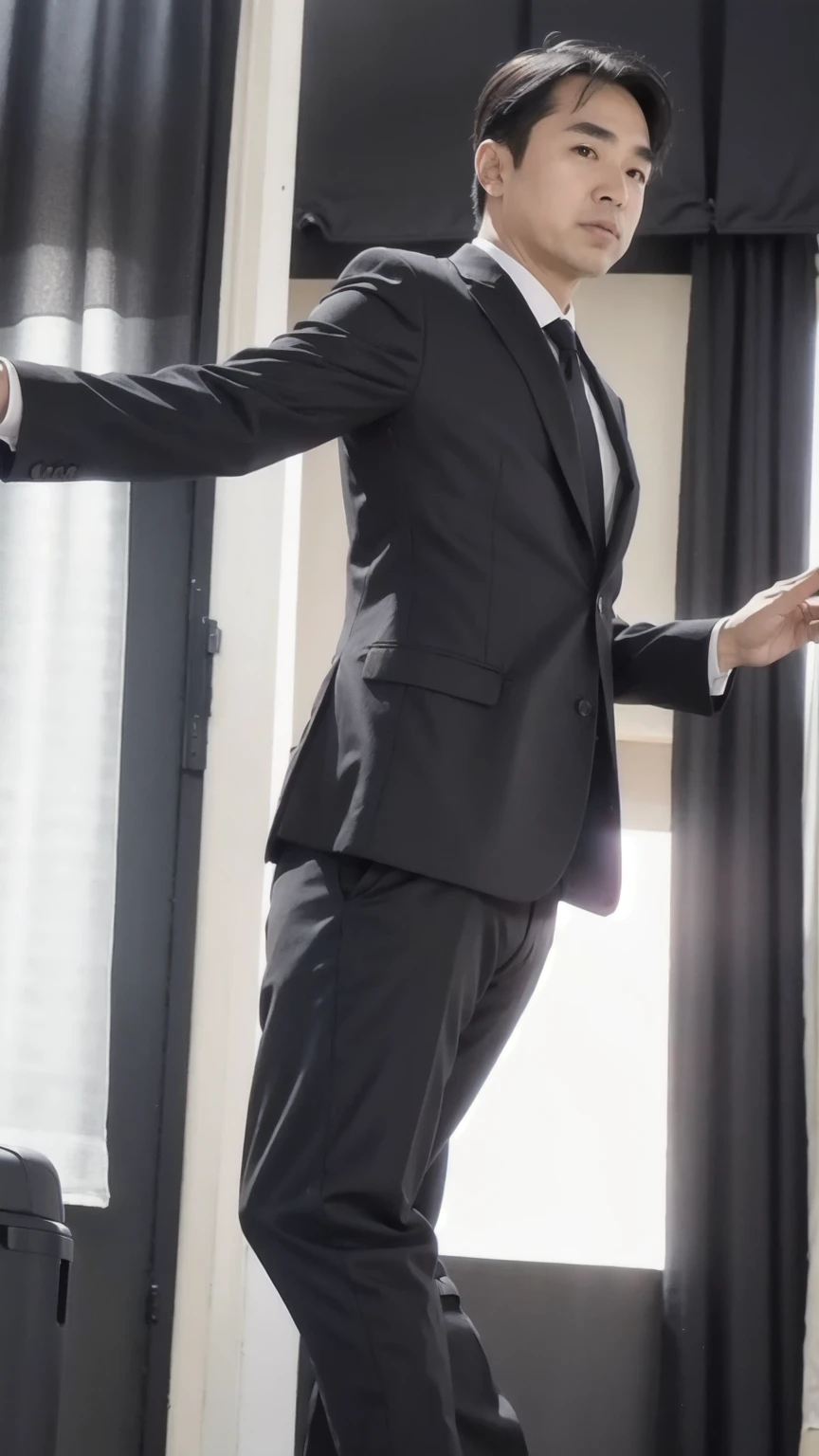 40-year-old male, Soft headlight,High-density imaging,(Thin face),((Black suit)),((Various dynamic poses)),((White curtains in the background)),best quality,masterpiece,(Soft colors:1.2)