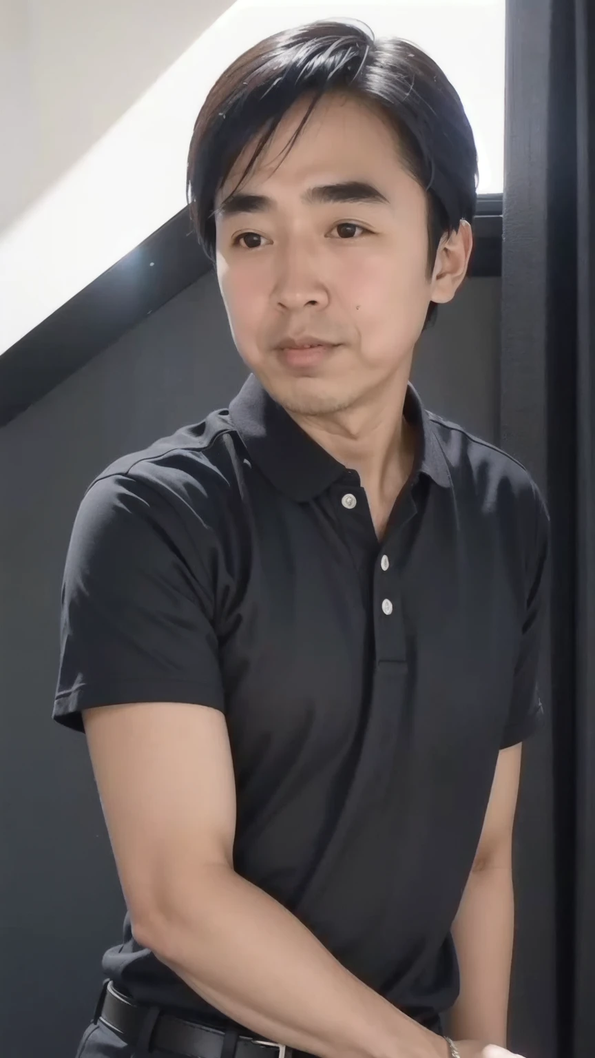40-year-old male, Soft headlight,High-density imaging,(Thin face),((Black suit)),((Various dynamic poses)),((White curtains in the background)),best quality,masterpiece,(Soft colors:1.2)