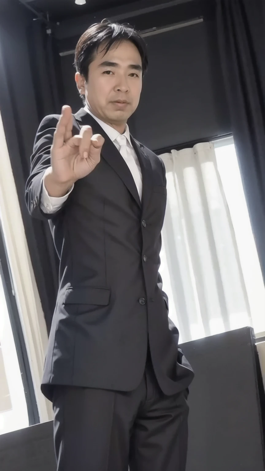 40-year-old male， Soft headlight，High-density imaging，（Thin face），((Black suit))，((Various dynamic poses))，((White curtains in the background))，best quality，masterpiece，（Soft colors：1.2）