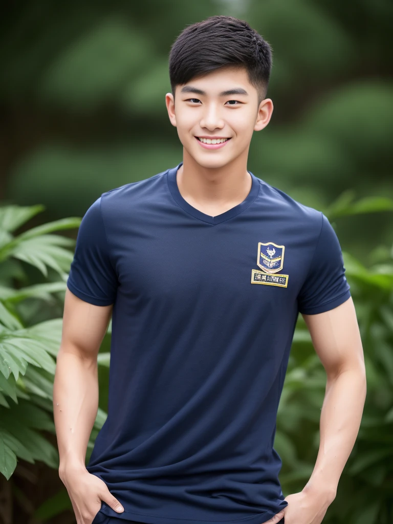 Handsome young man ,20 years old , short hair, Korea , student，(((Wear a navy shirt without stripes.))),smile , full body view ,chest muscles, Broad shoulders ,sportsperson , upper body (1), rain: 1.3, gym: 1.2, wet body: 1.1, exercise