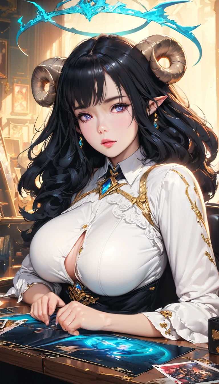 best quality,4k,8k,highres,masterpiece:1.2),ultra-detailed, extremely detailed eyes, extremely detailed body, (large masterpiece digital art), (detailed manga illustration), (detailed line art), ((perfect anatomy)), (intricate details:1.3), (ultra-detailed:1.3), (illustration:1.3), (sharp focus:1.3), (natural lighting:1.05), (vivid colors:1.3), (masterpiece), (best quality:1.4), (perfect anatomy:1.4), high quality, expressive eyes, full body, detailed face, beautiful face, perfect face, 1 girl, large breasts, black hair, curly hair, wild hair, detailed hair, white dress shirt, black pants, pale skin, sapphire-blue eyes, demon, blue halo, sheep horns, curled horns, (horizontal pupils), sexy face, pointy ears, splash art, the demon girl, curvy, sitting in an office chair at a desk with feet on desk, black high heels, cinematic lighting, dramatic atmosphere, Atey Ghailan, Jeremy Mann, Greg Manchess, Antonio Moro, trend in ArtStation, trend in CGSociety, Intricate, High Detail, Sharp focus, dramatic and photorealistic painting art by Midjourney and Greg Rutkowski, Jeff Bridges, ((cartoon style)), Marvel Cinematic Universe style