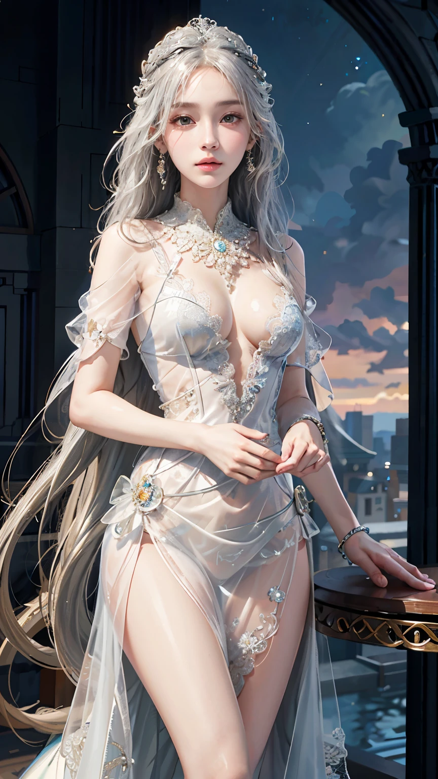 official art, unity 8k wallpaper, ultra detailed, beautiful and aesthetic, High quality, beautiful, masterpiece, best quality, 1 queen, small bust, (round bust:1.5) , (Long hair:1.5) , (zentangle, mandala, tangle, entangle:0.6) , (transparent dress:1.2) , (silver Lace transparent:1.2) , (bare waist:1) , (covered breasts:1.2)