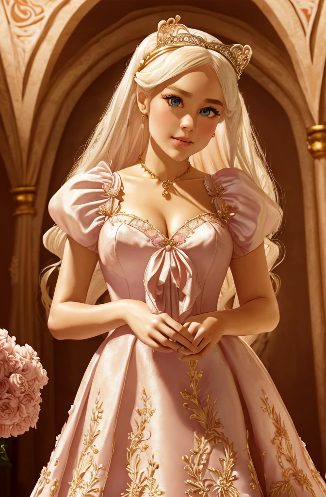 White Blonde hair, fluffy hair, stylish hair, long hair, lilac eyes, perfect eyes, beautiful, perfect face, tween, dainty , short, kind, curvy, a flowing pale airy gown with ruffles along the bottom with tiny pink flowers and gold dragon embroideries with flowers, Her tiara had a pretty teal gemstones, silver necklace, noble class, royal, royalty, red castle, feasting hall, medieval, elegant surroundings, soft dewy makeup look, light peach blush, soft tan eyeshadow, light coral lipstick, cutesy, girlish, girly, guileless, ingénue, princess , whimsical lighting, Targaryen, dragons in the sky, photorealistic
