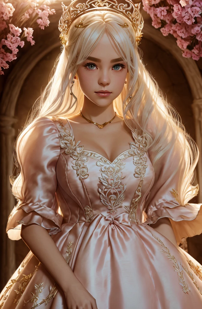 White Blonde hair, fluffy hair, stylish hair, long hair, lilac eyes, perfect eyes, beautiful, perfect face, tween, dainty , short, kind, curvy, a flowing pale airy gown with ruffles along the bottom with tiny pink flowers and gold dragon embroideries with flowers, Her tiara had a pretty teal gemstones, silver necklace, noble class, royal, royalty, red castle, feasting hall, medieval, elegant surroundings, soft dewy makeup look, light peach blush, soft tan eyeshadow, light coral lipstick, cutesy, girlish, girly, guileless, ingénue, princess , whimsical lighting, Targaryen, dragons in the sky, photorealistic
