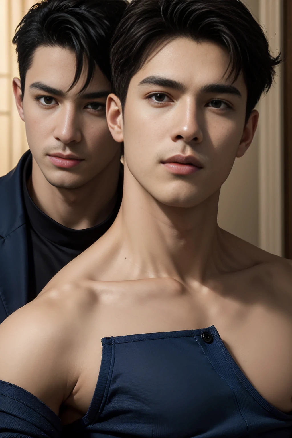 ((masterpiece)),((best quality)),8K,high detail,Very detailed, Very manly，3 men, like，fashion pose, Realistic skin texture, Light,
Royal blue style couple