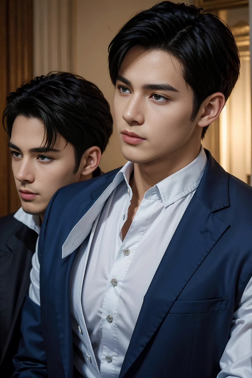 ((masterpiece)),((best quality)),8K,high detail,Very detailed, Very manly,3 men, like,fashion pose, Realistic skin texture, Light,
Royal blue style couple
