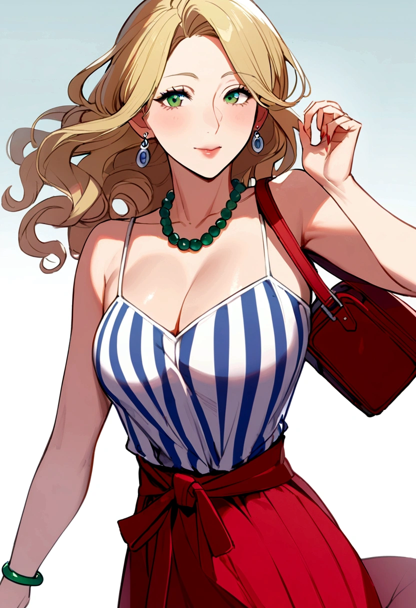 40 year old woman, curly blonde hair to waist, green eyes, blue and white striped spaghetti strap dress, white earrings, red bag, jade bracelet, red bead necklace