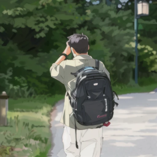 there is a man walking down the road with a Backpack on his back, with a Backpack, a man wearing a Backpack, the man have a Backpack, Shot with Canon 80D, Backpack, Shot with Canon EOS 5D, Back to Camera, Characters in the foreground, Daily Carry, a Backpack, Shot with Canon EOS 5D mark iv,(Line 1.5)(Bright 1.5)(Warm color 1)