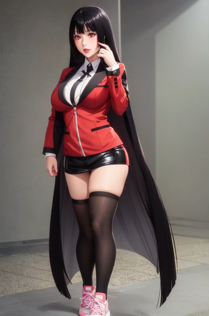 1 Girl, long black hair, bright red eyes, light skin, pink lipstick, Yumeko Jabami, black jacket with red details and open zipper, black , black shorts with red details, striped stockings, high sneakers, full body, Yumeko looking The spectator, with blushing cheeks.  