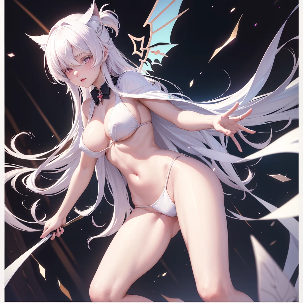 {{masterpiece}}, best quality, extremely detailed CG unity 8k wallpaper, cinematic lighting, lens flare, beautiful detail eyes, black,  side glance,  multicolor short white hair, colorful light, particles, heterochromia, (colorful:1.5), (colorful hair:1.5), Sexy white bikini, bikini armor, wings on back, nipple slip, 