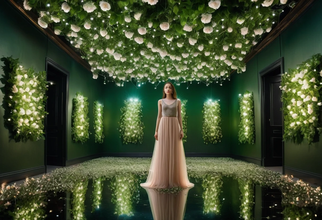 extreme low angle photo taken from below of a young woman with sleeveless dress, standing inside a room full with flowers and green leaves and fairy lights on its walls and ceilings. The floor and walls are made from 1 seamless mirror, creating ethereal reflections.
