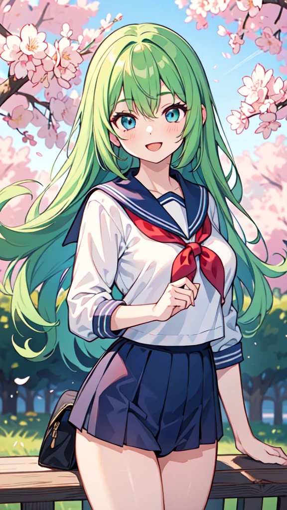((A Pretty High School girl with green hair and blue eyes)), ((wearing Sailor suit)), Baby face, ((master piece, top-quality, ultra-definition, high resolution)), anime girl, ((ultra-detailed illust:1.2)), only one person, bangs, hair between eye, beautiful hair, Beautiful eyes, Medium breasts, Big smile, opened mouth, cherry trees, schoolyard,no_pants,panties,white_panties