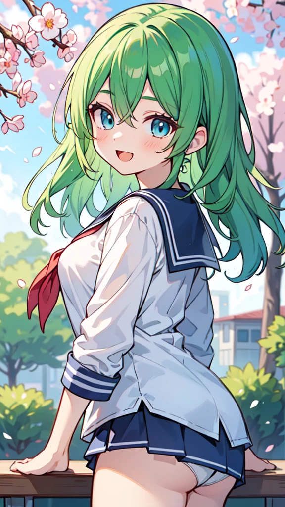 ((A Pretty High School girl with green hair and blue eyes)), ((wearing Sailor suit)), Baby face, ((master piece, top-quality, ultra-definition, high resolution)), anime girl, ((ultra-detailed illust:1.2)), only one person, bangs, hair between eye, beautiful hair, Beautiful eyes, Medium breasts, Big smile, opened mouth, cherry trees, schoolyard,no_pants,panties,white_panties