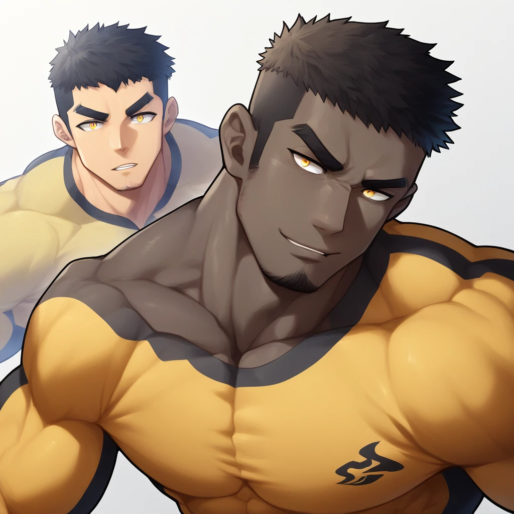 anime characters：Gyee, Muscle Sports Student, negro black skin, 1 muscular tough guy, Manliness, male focus, Light Yellow long sleeve tights, Very tight, The pectoral muscles are oversized, Slightly transparent, muscular male, muscular, only, Upper body, alone, Black short hair, Thick eyebrows, stubble, Yellow eyes, White background, simple background, amazing quality, best aesthetics, Ridiculous, bright pupils, crew cut, parted lips, seductive smile, torogao, naughty face, drop shadow, best quality