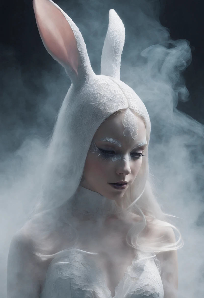 “A realcartoon style of digital artwork featuring a mysterious woman. The figure's face is partially covered by sm“A surrealistic cartoon-style digital artwork featuring a mysterious woman. The figure's face is partially covered by smoke that forms an ethereal rabbit mask. Their surroundings are filled with mist and subtle reflections, emphasizing the dreamlike fusion of human form and smoke elements. The lighting should be cinematic, producing dramatic shadows and highlights. The background is a thin mist that forms the face of a transparent rabbit with a scar on its face." 🌟✨oke that forms a transparent rabbit mask. Their surroundings are full of mist and subtle reflections, emphasizing the surreal blend of human form and smoke elements. The lighting should be cinematic, producing dramatic shadows and highlights. The background is a thin mist that forms the face of a transparent rabbit with a scar on its face." 🌟✨