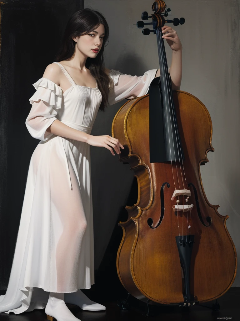 Full body standing painting,(Drawing of girl playing cello), white dresseandy Jürgens (Mandy Jurgens) Realistic paintings created, Perverted, arte figurativa, Detailed depiction of the, realistically, An artwork of