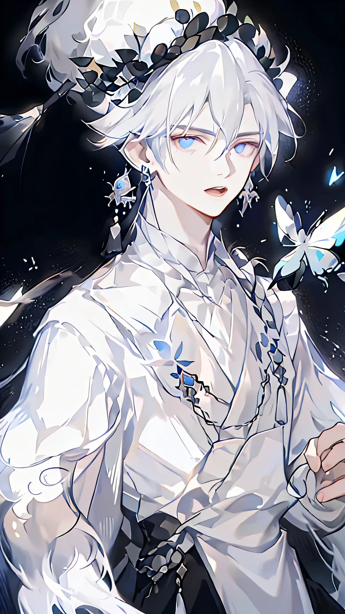 masterpiece, Male focus, 1 boy, solitary, White hair, tassel earrings, tassel, Jewelry, earrings, open mouth, black background, blue eyes, Long hair, Vulnerabilities, Butterfly, Upper Body, Hair between the eyes, Colorful hair，Pearlescent Rose，Personal，The eyes are depicted in great detail