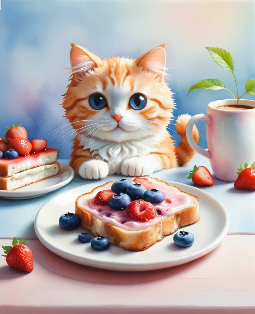 (masterpiece, Highest quality, Highest quality, Official Art, Beautiful and beautiful,Lovely illustration,:1.5), strawberry, blueberry, toast, coffee, For breakfast, Lovely, pastel colour, fluffy , Cat, Happy, Watercolor, soft, warm