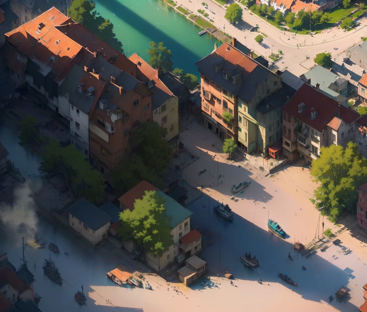Aerial view of a city with a river and a clock tower,red roof house,street,Many people walking on the street,Happy Breath,People live in peace, Painting Concept Art, Complex Realism, Real photos of the town, highly realistic concept art, ismail inceoglu and ngya, Martin Raphael Lacoste, High Detail, Urban concept art