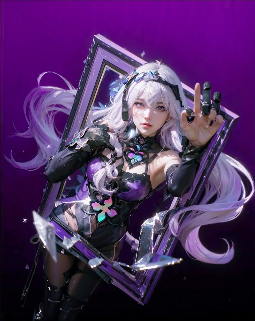 ((BLACK SWAN_HONKAI STARRAIL)),((realistic, photorealistic)),(highlight hair)), Light reflection, (( HD )),((upper body)), (((best quality, masterpiece))), (masterpiece) (best quality) (detail) (8k) (HDR) (wallpaper) (cinematic lighting) (sharp focuasterpiece, best quality: 1.1), Real life adaption of this character, Asian teen beauty face, Shining green eyes, realistic outfit, realistic shadow, realistic light, realism, hyper realistic,realistic hair, realistic background,(photorealistic:1.2), 1girl, glow purple,Gradient black and purple background, broken glass, white hair with white and purple gradations, floating hair, out of the photo frame, hooded,Black Gloves,