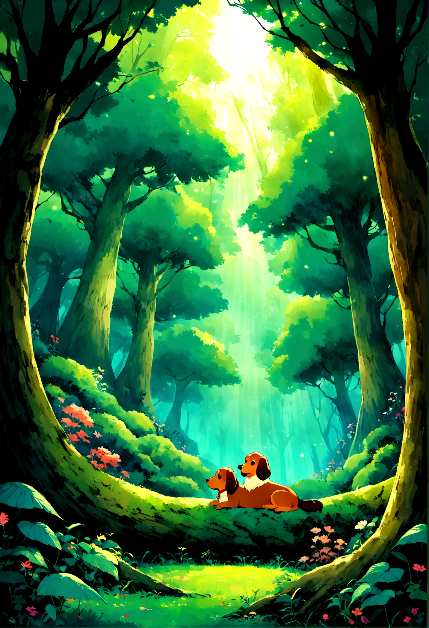 Create a vibrant and detailed image in the style of Studio Ghibli, inspired by "Princess Mononoke." The central focus of the image should be a miniature dachshund sleeping peacefully, nestled in a serene and mystical environment. The setting should evoke the enchanting landscapes of "Princess Mononoke," with lush, vibrant nature surrounding the dog. The dachshund is resting on a soft bed of moss, surrounded by ancient, towering trees with intricate root systems. Gentle beams of moonlight filter through the dense canopy, casting a magical glow over the scene. The colors should be rich and vivid, highlighting the deep greens of the foliage, the warm browns of the tree trunks, and the soft, natural hues of the forest floor. In the background, incorporate elements reminiscent of the world of "Princess Mononoke," such as ethereal forest spirits or subtle hints of ancient ruins, to enhance the mystical atmosphere. The overall composition should create a harmonious blend of the tranquil sleeping dachshund and the richly detailed, enchanted forest, capturing the essence of a Ghibli-inspired magical night.