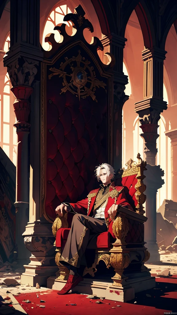 white haired, A red-eyed prince sits on a majestic throne inside an abandoned palace. The environment around it is dark and gloomy, with evil red eyes in the walls and cobwebs hanging there. The throne is richly decorated, with details of gold and precious stones, and covered with a dusty cloth. The protagonist is dressed in royal clothes, when he looks at the horizon with glowing red eyes, Masterpiece, Best Quality, Ultra-detailed, illustartion, concept art in 8K resolution, Fantasy art, epic art, concept art wallpaper 4k, Deep color, natural lighting