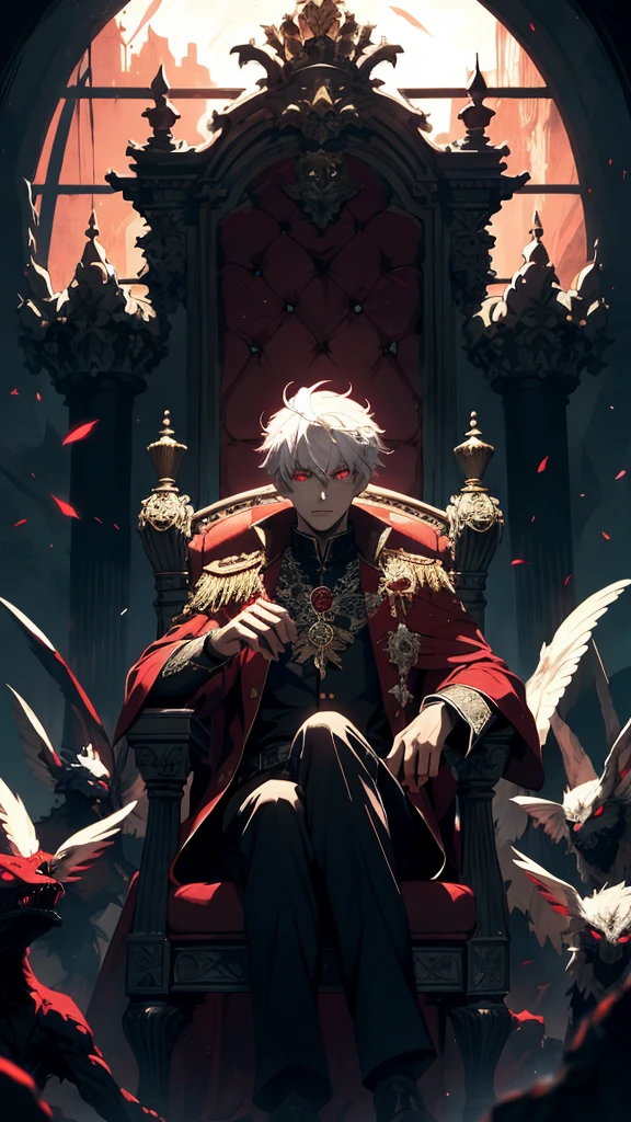 white haired, A red-eyed prince sits on a majestic throne inside an abandoned palace. The environment around it is dark and gloomy, with evil red eyes in the walls and cobwebs hanging there. The throne is richly decorated, with details of gold and precious stones, and covered with a dusty cloth. The protagonist is dressed in royal clothes, when he looks at the horizon with glowing red eyes, Masterpiece, Best Quality, Ultra-detailed, illustartion, concept art in 8K resolution, Fantasy art, epic art, concept art wallpaper 4k, Deep color, natural lighting