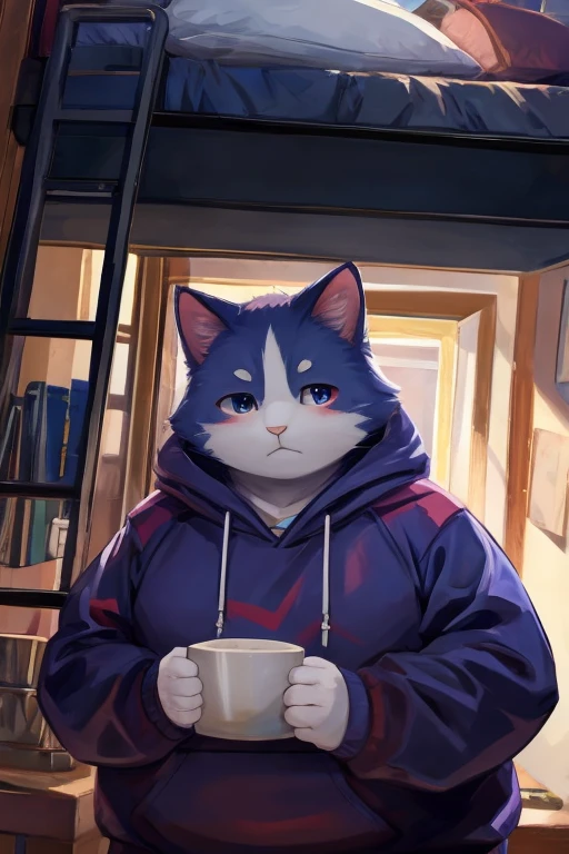 Red and blue sweatshirt，White cat，Focusing on the front，Half-length figure，overweight，Serious expression，Shy，In the dormitory，high quality，masterpiece，high resolution。