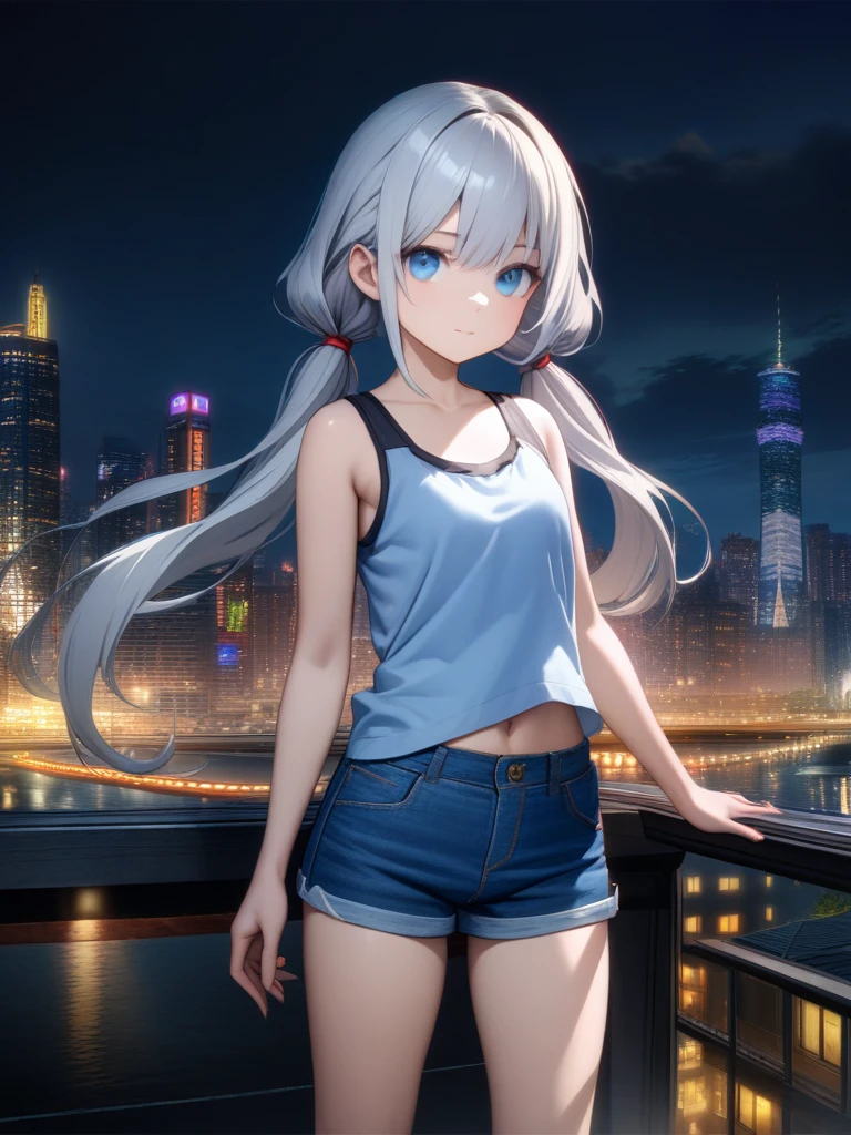 32k, best quality, ultra high res, HDR, UHD, extremely detailed CG, unity 32k wallpaper, from the front side, Beautiful city background, Night, cute kid, Beautiful blue eyes, Ideal ratio body proportions, Tank top, Jeans shorts, Silver hair, Long hair,Twin-tailed,