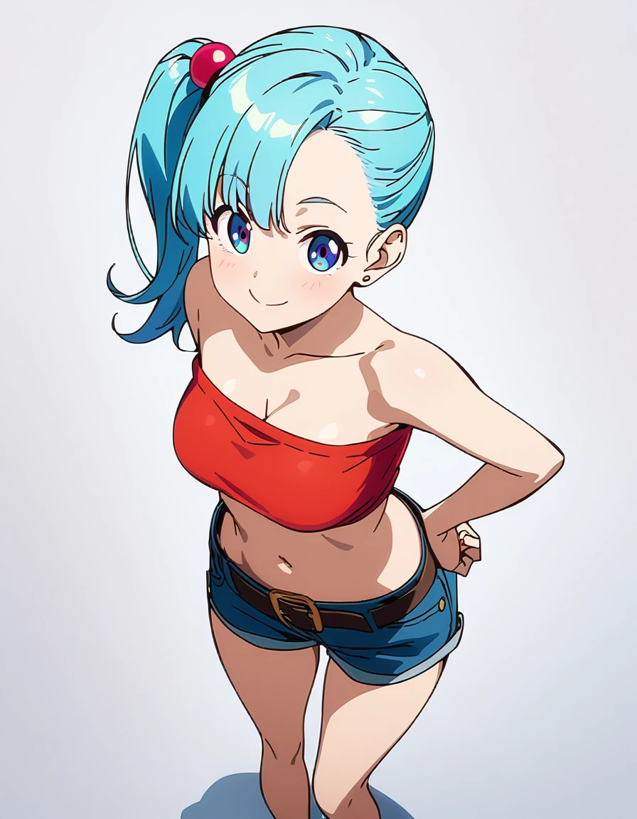 score_9, score_8_up, score_7_up, BREAK from above:1,straight-on,(standing),arms behing back,1girl,bulma, blue eyes, blue hair,bare shoulders, belt, cleavage, hair bobbles, hair ornament, hair over shoulder,medium breast,midriff, navel, one side up, red tube top, shorts,ass, side ponytail, (strapless, tube top,under_boob:1),ass,,looking at viewer,facial expression,smile,masterpiece, best quality,  detailed body, highly detailed, anime coloring.anime,[anime_screencap:0.8] , highly detailed,