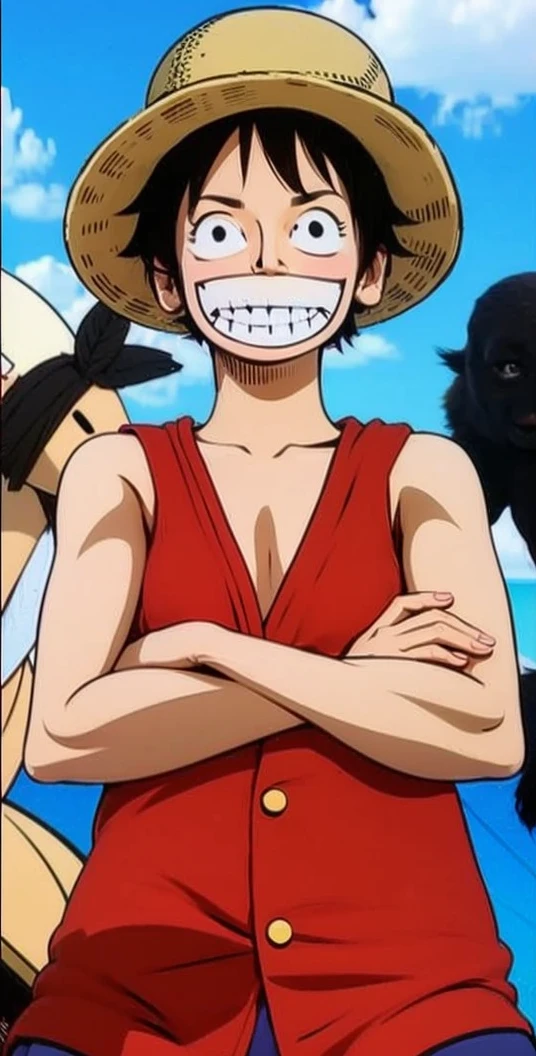 Men,strawhat, sleeveless red shirt, smiling,black hair,