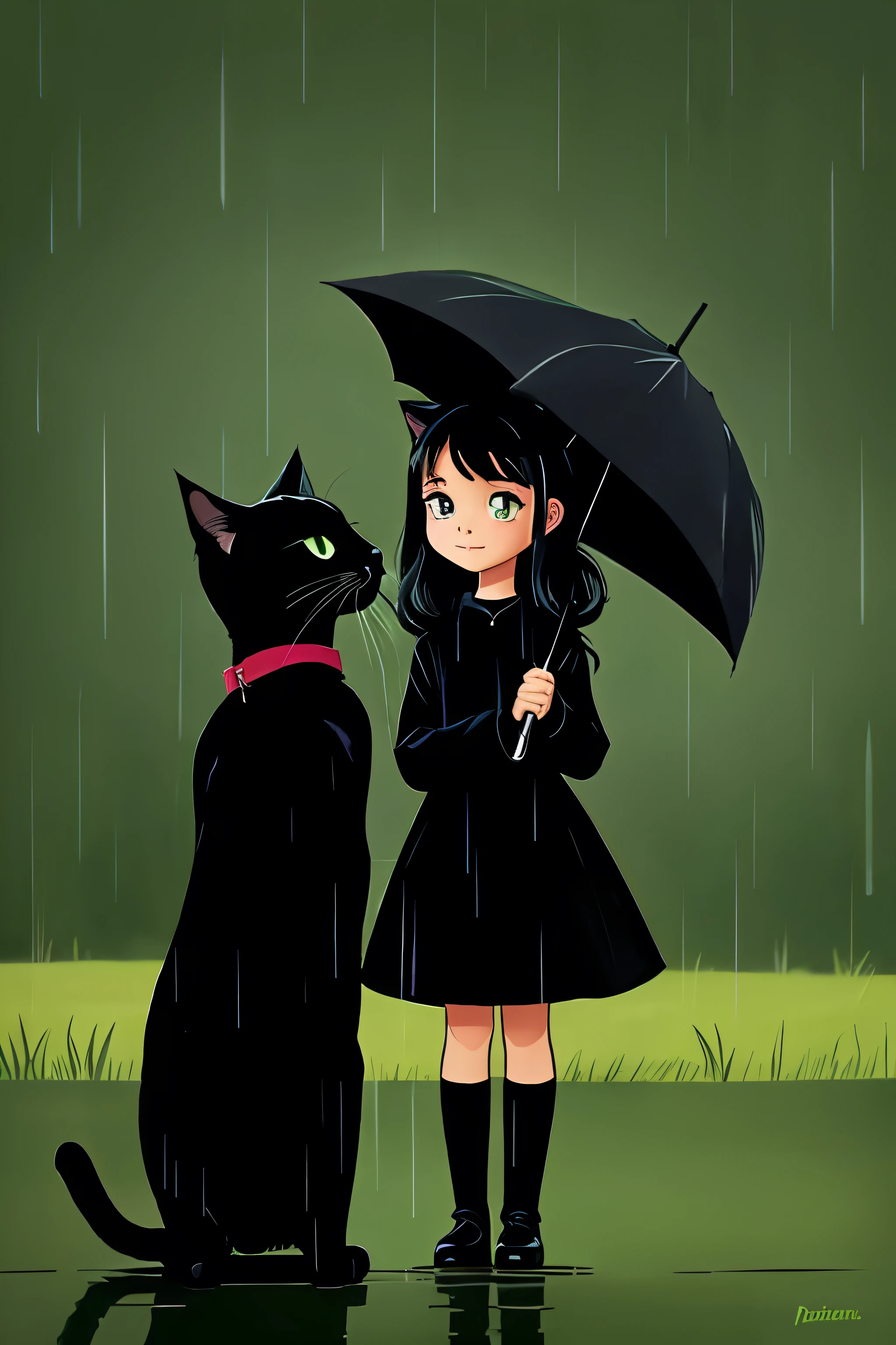 A cartoon girl and a black cat standing in rain with green background