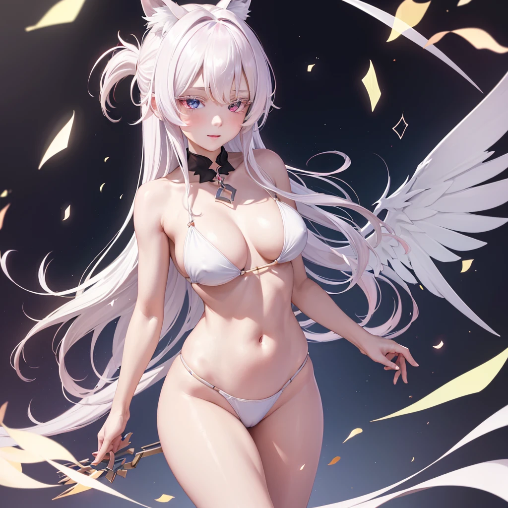 {{masterpiece}}, best quality, extremely detailed CG unity 8k wallpaper, cinematic lighting, lens flare, beautiful detail eyes, black,  side glance,  multicolor short white hair, colorful light, particles, heterochromia, (colorful:1.5), (colorful hair:1.5), Sexy white bikini, bikini armor, wings on back, nipple slip, 