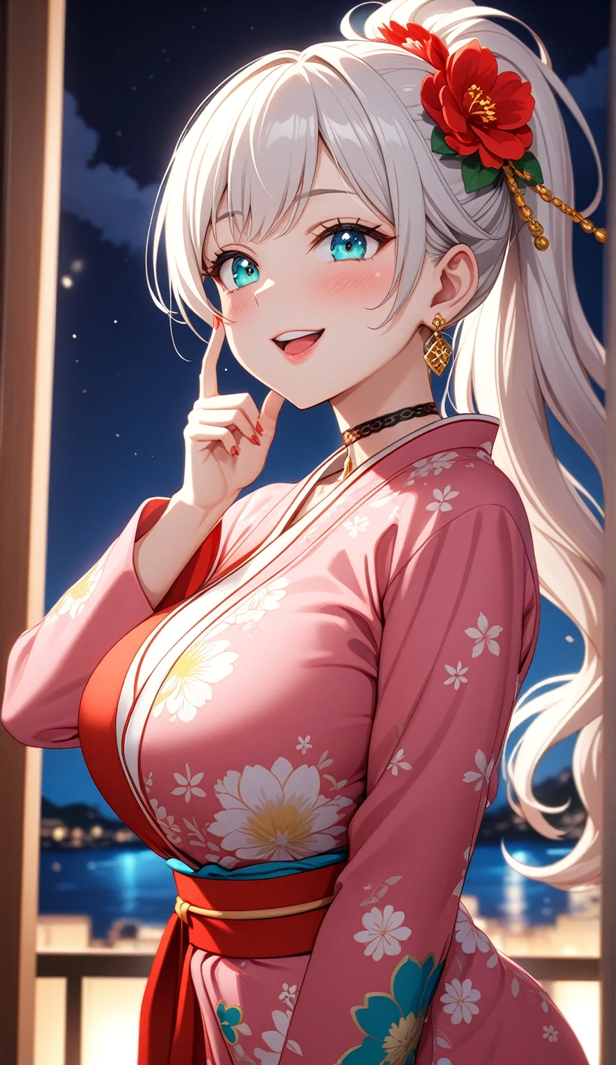 ((one personの女性)), Beautiful Face, head tilt, ((laugh)),((wink:1.7)),((Touch your lips)), Laugh with your mouth wide open,((Bright red cheeks:1.4)),Shiny red lips,night,rooftop,You can see the ocean, firework,Laughing with your mouth open,Glossy pink lips,Facial lighting,((Anime style background)),masterpiece, Highest quality, so beautiful,up to date, complex details, (Pink long nails), (4fingers and 1thumbs), (ring),(bracelet),(choker),AI-generated, complex,High resolution, Highest quality, super high quality,3D Images、3D Images,one person,Long blonde hair,High Ponytail,(Turquoise Eyes),Anime woman posing for a photo, ((Fine grain、Colorful eyes on white、Shining Eyes:1.3)),(Squint your eyes:1.1),a hyperRealistic , hyperRealistic , Realistic,Anime woman with long white hair, Smooth anime CG art, A woman in a colorful kimono with gold embroidery, (Pink long sleeve kimono),Red floral pattern,Long flower hair ornament,Earrings,Mature Body,(Big Breasts:1.1),expensive,Abdominal muscles,Tight waist,(Zoom up to face:1.7),Shooting from diagonally below
